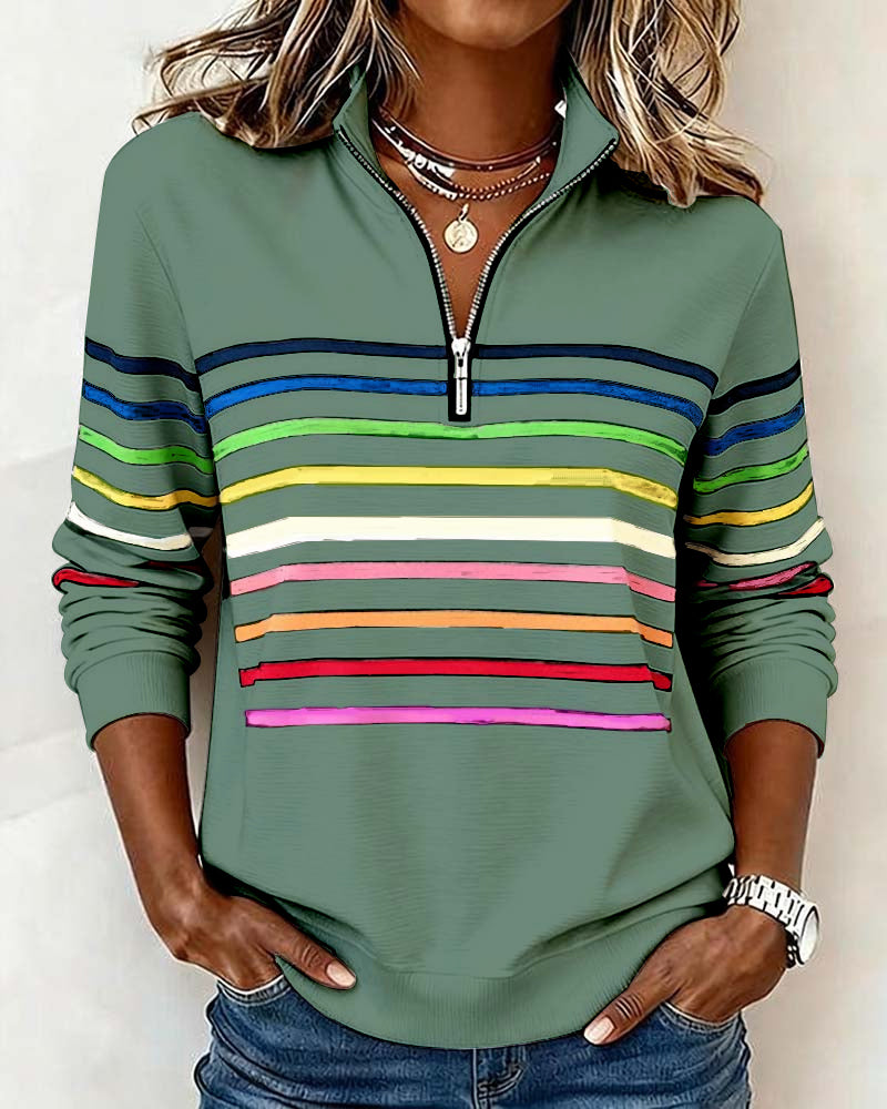 Mode Sweatshirt with Half Zipper and Rainbow Stripes