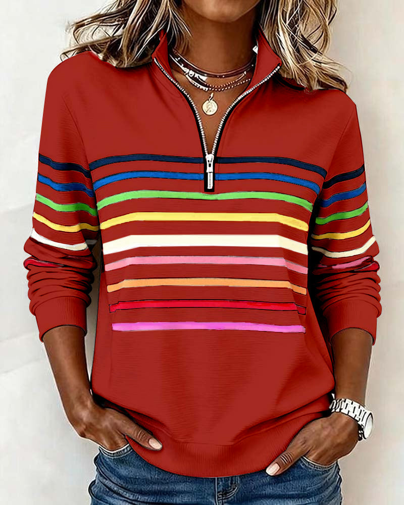 Mode Sweatshirt with Half Zipper and Rainbow Stripes