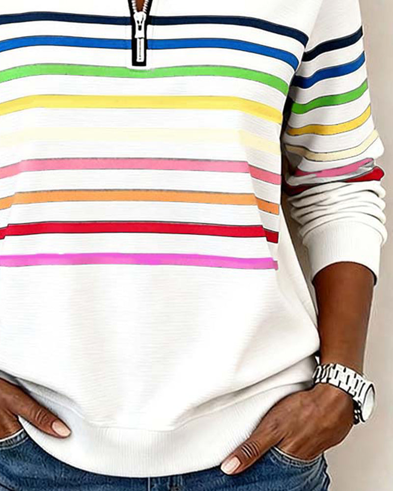 Mode Sweatshirt with Half Zipper and Rainbow Stripes