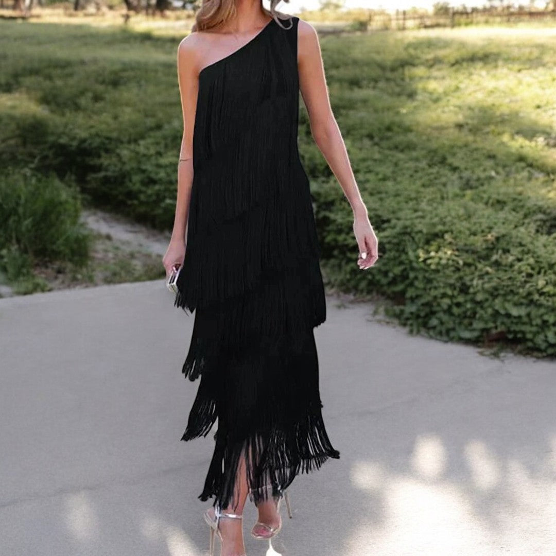 Ava – Asymmetric Fringe Maxi Dress