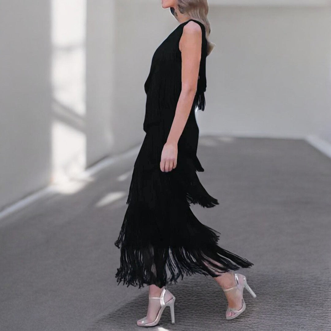 Ava – Asymmetric Fringe Maxi Dress