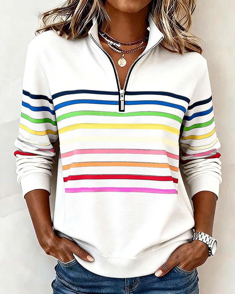 Mode Sweatshirt with Half Zipper and Rainbow Stripes