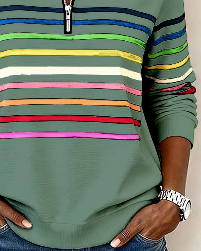 Mode Sweatshirt with Half Zipper and Rainbow Stripes