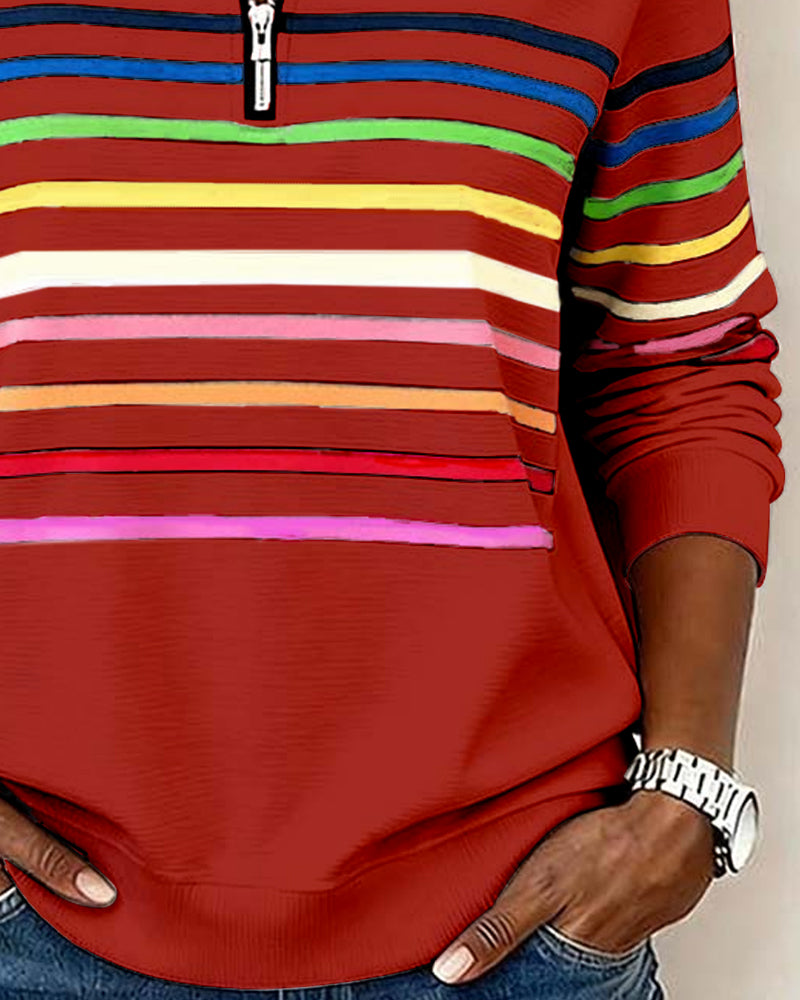 Mode Sweatshirt with Half Zipper and Rainbow Stripes