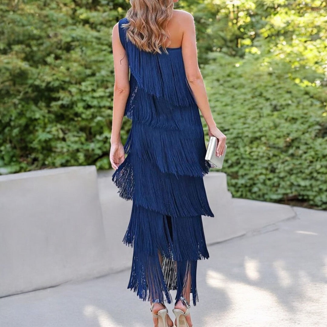 Ava – Asymmetric Fringe Maxi Dress