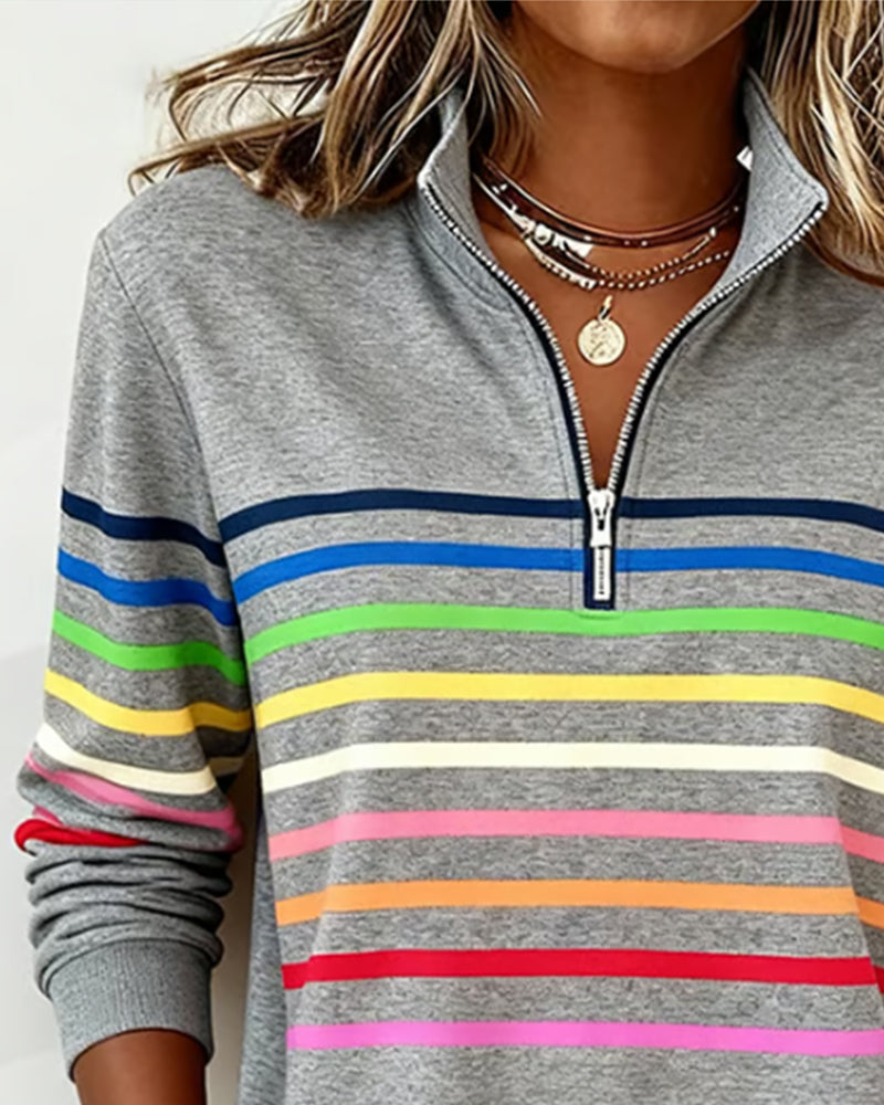 Mode Sweatshirt with Half Zipper and Rainbow Stripes