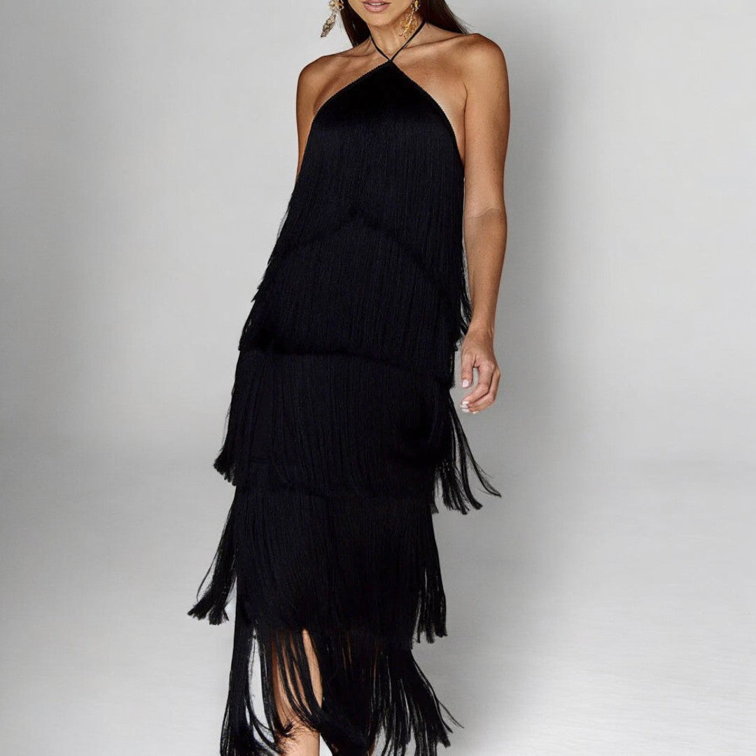Ava – Asymmetric Fringe Maxi Dress