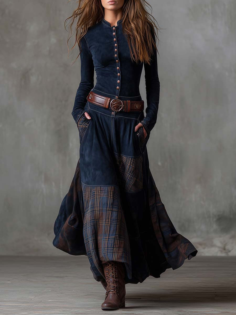 Helena | Maxi Dress in Blue Suede Look with Belt