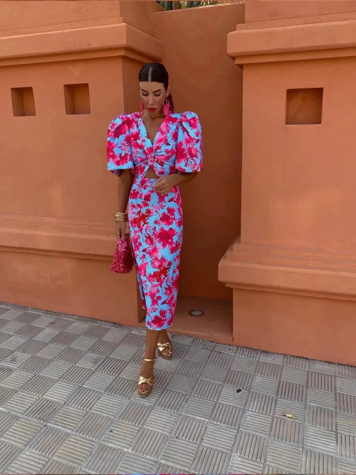 Lily – Colourful Puff Sleeve Midi Dress