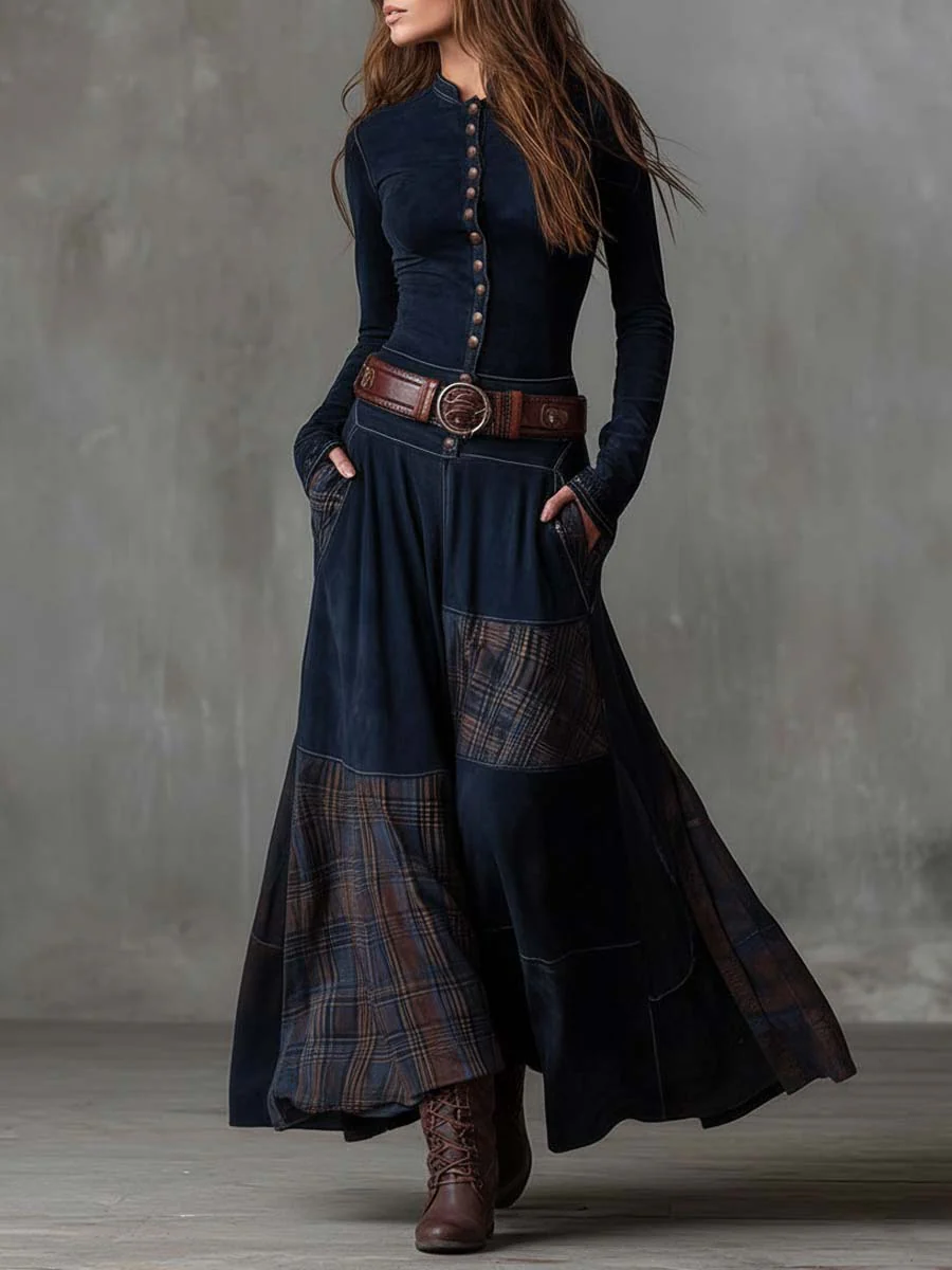 Helena | Maxi Dress in Blue Suede Look with Belt